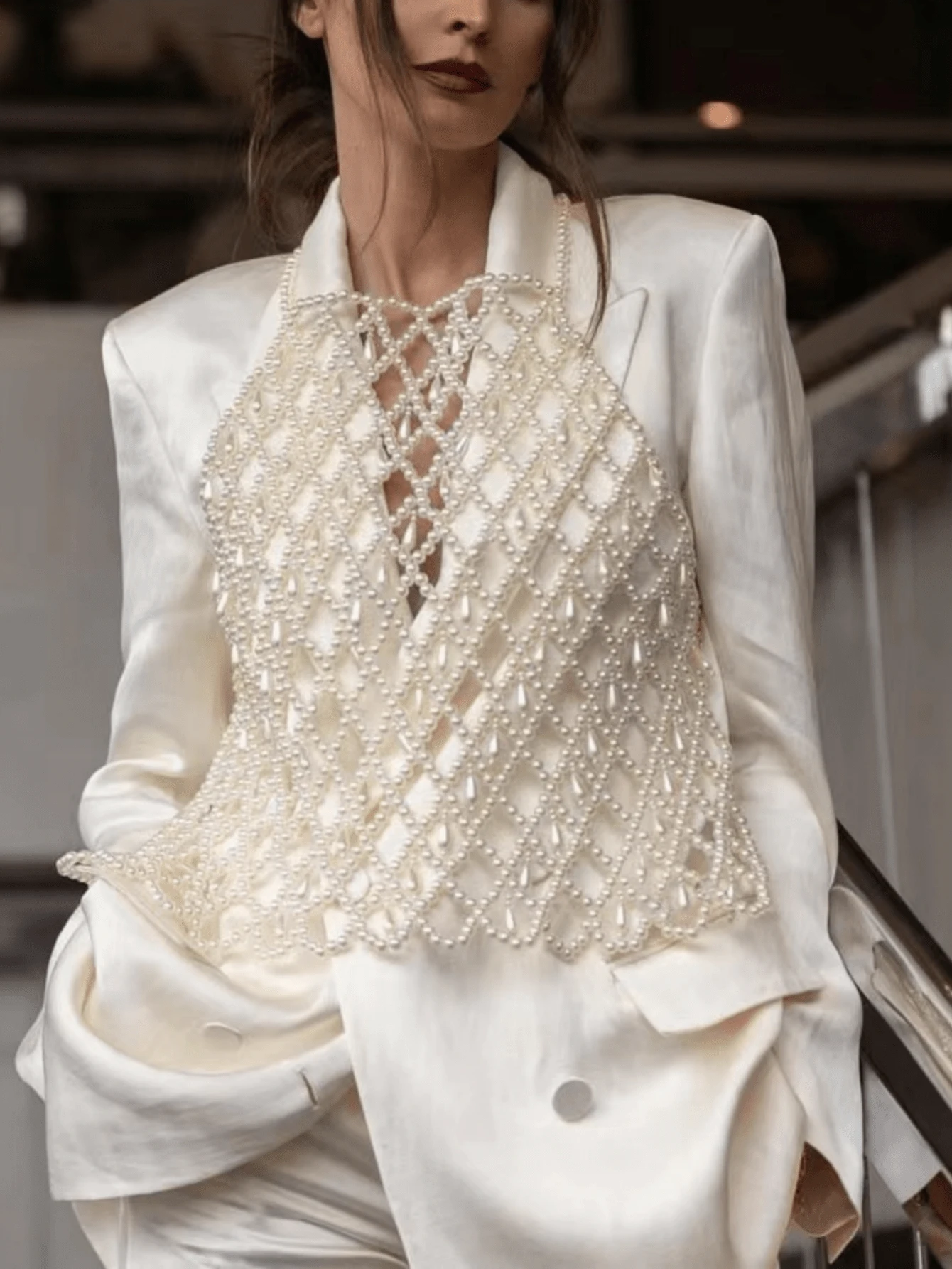 ZHENGHEN 高端复古串珠吊带背心，时尚街头风，欧美无袖上衣，适合婚礼、晚宴和各种活动，顶级时尚配饰 - 白色 - 查看 1