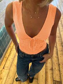 Áo hai dây nữ VIVINA mùa hè, kiểu dáng thường ngày, thoải mái, đa năng, họa tiết kẻ caro, thắt eo, xếp ly, viền bèo nhún, thích hợp cho những ngày cuối tuần năng động, phong cách nghỉ dưỡng đồng quê. - trái cam - Xem 4