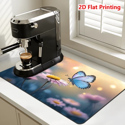 1/10PCS Butterfly Daisy Flower 2D Flat Printed Kitchen Drying Mat, Super Absorbent Quick Dry Diatom Drain Pad For Coffee Table, Home Decoration Household Kitchen Supplies
