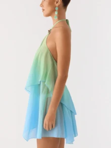 Women Mini Dress Gradient Tie-Up Halter Neck Ruffles Sleeveless Dress Summer Fashion Casual Dress - 藍色 - 查看 3