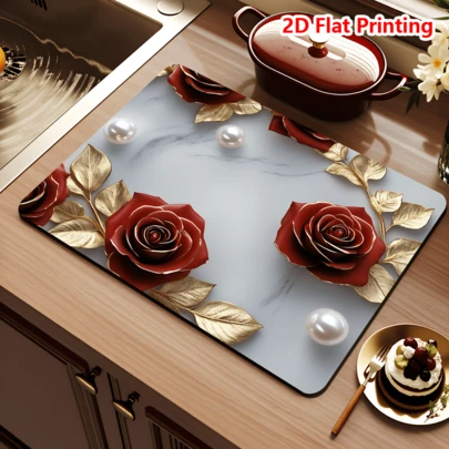 1/10pcs Red And Gold Rose 2D Flat Printed Coffee Machine Diatom Mud Drainage Pad, Soft Super Absorbent Non-Slip Diatom Kitchen Drying Mat, Courtyard Table Decoration, Household Kitchen Supplies