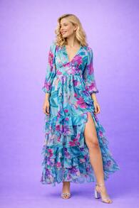 Women's Floral Print Dress With A V-Neck, Fitted Waist And Layered Ruffled Skirt – Long, Flowing Sleeves, A Fluid Silhouette Ideal For Holidays, Evenings Out And Wedding Guests - 淺藍色 - 查看 6