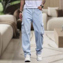 Men's Cargo Pants, Women's, 6 Pockets, Skate Style, Wide Leg, Drawstring Closure - Light Wash - View 8