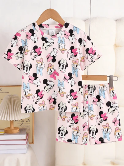 Disney 女婴两件套可爱唐老鸭和黛丝鸭印花短袖睡衣套装，休闲女婴日常家居服，基础字母印花针织圆领短袖松紧腰短裤