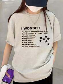 Women's Loose Fit Round Neck Street Fashion Letter & Star Print Short Sleeve T-Shirt, Summer - Light Gray - View 3