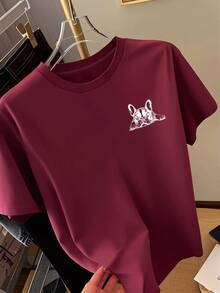 Cartoon Pattern Short Sleeve Mid-Length T-Shirt, Fashionable Casual Top For Women Summer - Burgundy - View 4