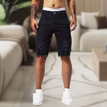Men's Slim Fit Ripped Denim Shorts, Destroyed Style, Premium Fashion Line, Original Factory Outlet. Colors: Dark Black, Medium Black, Light Black, White, Beige, Yellow, Red - 黑色 - 查看 8