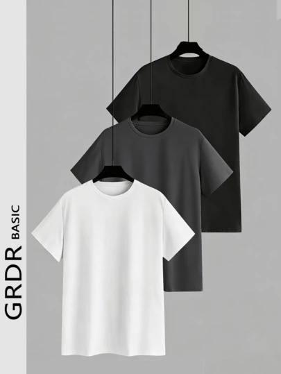 GRDR 3pcs/Set Men's Solid Color Casual Street Sporty Round Neck Short Sleeve T-Shirts, Minimalist Versatile, Suitable For Layering