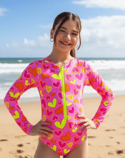 Maiô Infantil Menina Manga Longa Coração Proteção UV Solar  Zíper Moda Praia Verão