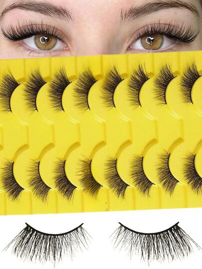 10对半条假睫毛 – 透明睫毛杆，打造自然猫眼效果，5-13毫米柔软合成豹纹毛纤维，多包装轻盈C/D卷翘度，纤细分层设计，自然浓密，提升睫毛魅力，全条式假睫毛，适合女性，日常佩戴及特殊场合皆宜。