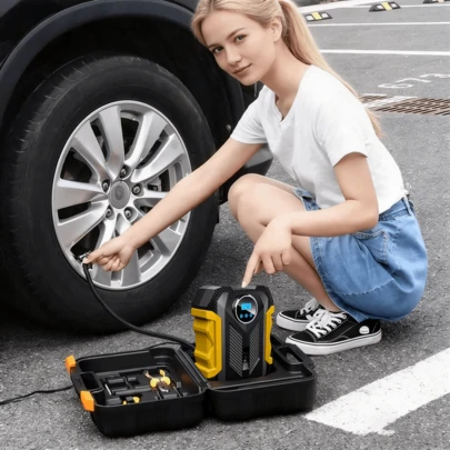  Carsun 便携式汽车轮胎充气泵，150 PSI 有线空气压缩机，带 LED 灯，自动断电，快速充气，适用于汽车、自行车、摩托车、球类等。
