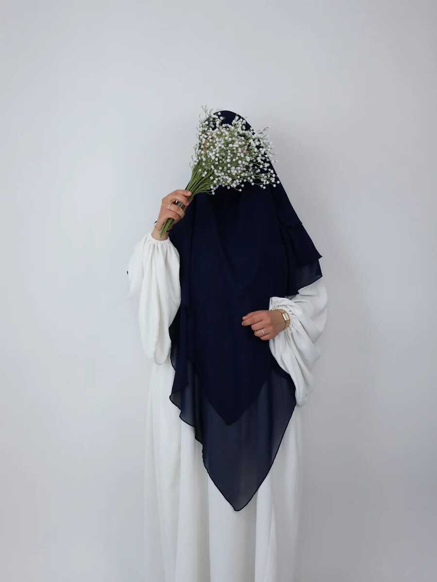 1 Stück Damen 3-lagiges Chiffon Khimar, süße und sanfte Mode, eleganter Luxus-Ganzjahresschal, praktisch als Kopftuch, geeignet für täglichen Outdoor-Einsatz, Gebet, Versammlungsoutfits - marineblau - Übersicht 1