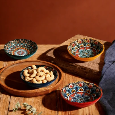 4pcs Bohemian Style Ceramic Sauce Dishes, 11cm, Suitable For Sauces, Snacks, Fruits, Rice, Chicken Dishes