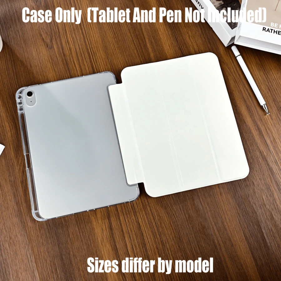 带笔槽的三折平板电脑保护套。简约透明亚克力三折保护套，带笔槽 - 高级书本式支架，防弯曲设计。三折透明亚克力保护套，带笔槽！隐形笔槽和防弯曲背板。兼容 iPad 和 Galaxy Tab。多角度观看/书写。防震、不泛黄、高清晰度。