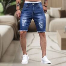 Men's Slim Fit Ripped Denim Shorts, Destroyed Style, Premium Fashion Line, Original Factory Outlet. Colors: Dark Black, Medium Black, Light Black, White, Beige, Yellow, Red - 深色水洗藍 - 查看 8