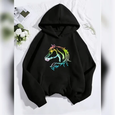 Capuz colorido e elegante com estampa de cavalo para mulheres - Forro de peluche, camiseta  REF-5308