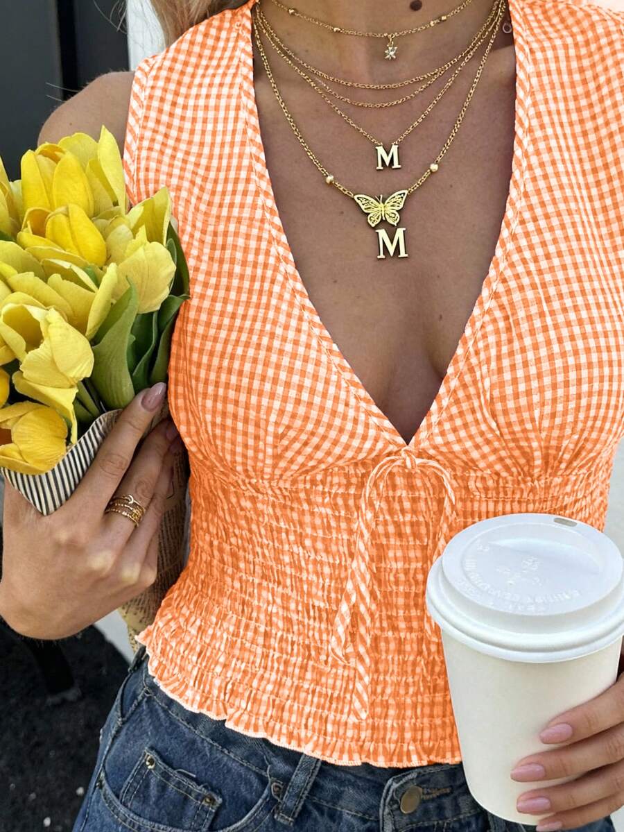 Áo hai dây nữ VIVINA mùa hè, kiểu dáng thường ngày, thoải mái, đa năng, họa tiết kẻ caro, thắt eo, xếp ly, viền bèo nhún, thích hợp cho những ngày cuối tuần năng động, phong cách nghỉ dưỡng đồng quê. - trái cam - Xem 1