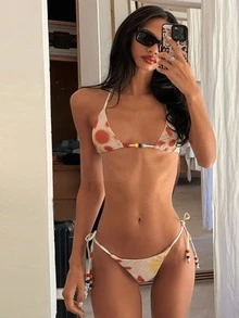 两件套全身印花性感露背系带女士泳衣比基尼，适合春夏季节在海滩、度假村、舞台和音乐会等场合穿着。 - 橘色 - 查看 1