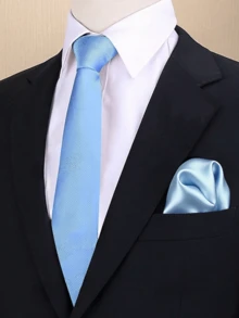 男士浅蓝色8厘米领带和口袋巾套装，商务婚礼纯色领带和手帕套装，配饰，节日，礼品 - 淺藍色 - 查看 2
