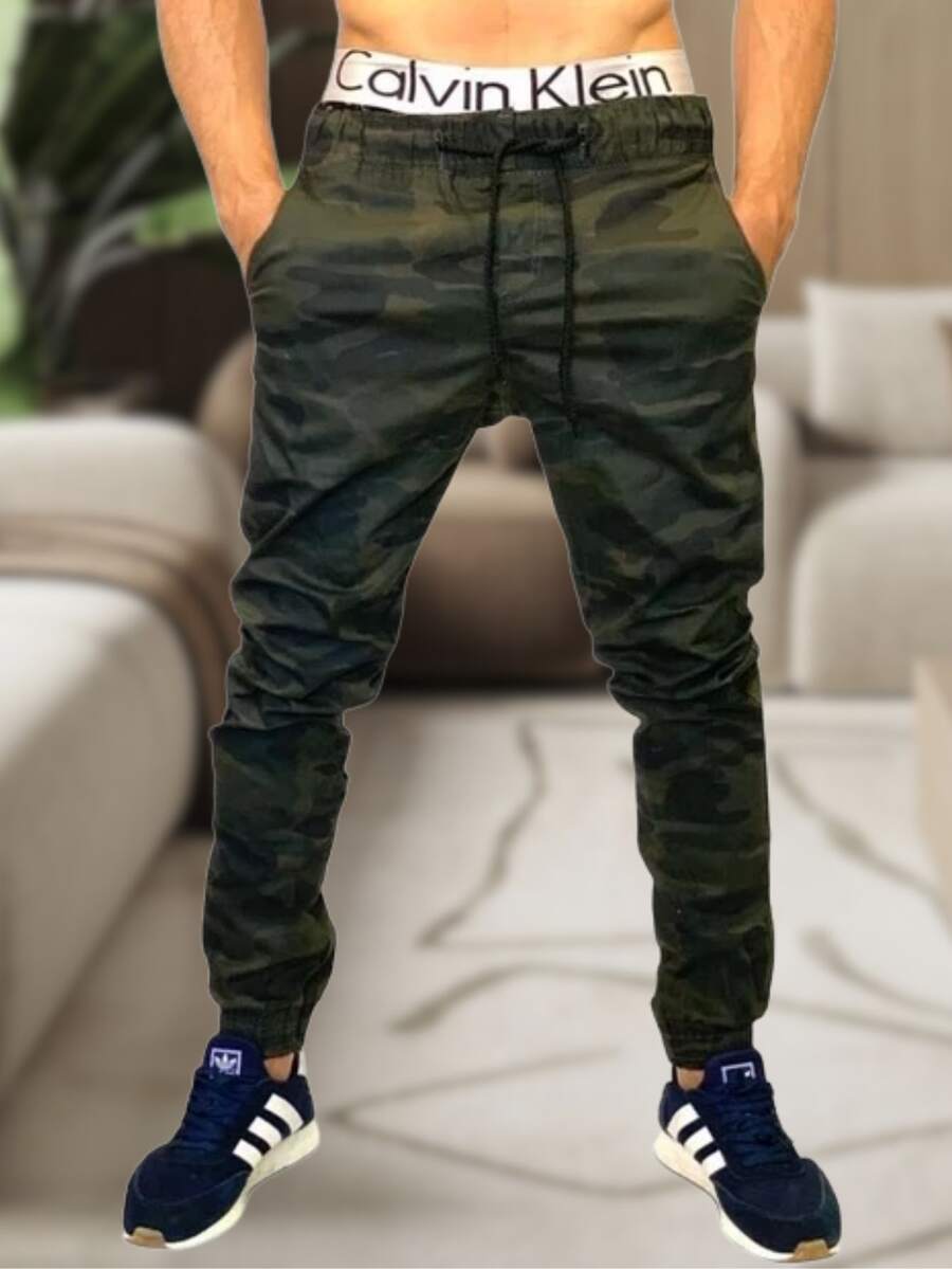 Men's Jogger Pants In Twill With Elastic Cuffs - Streetwear - Army Green - View 1