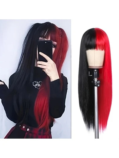 Tóc giả thẳng dài 26 inch hai tông màu đỏ & đen/ đen & trắng dành cho nữ - Tóc tổng hợp chịu nhiệt, thích hợp cho Halloween, cosplay, lưới hoa hồng.