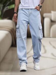 Men's Cargo Pants, Women's, 6 Pockets, Skate Style, Wide Leg, Drawstring Closure - Light Wash - View 2