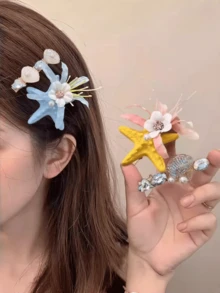 2 Stück Sommer Seestern & Muschel Blume Seitenhaarclips, Strandurlaub Vibe Haarschmuck, Urlaub, Reise - Verschiedenfarbig - Übersicht 2