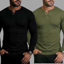 Black And Green - Kit 2 Men's Henley T-Shirt Long Sleeve Top Men's 2 Buttons Slim Fit Ribbed J Silver - Negro y verde - Ver 1