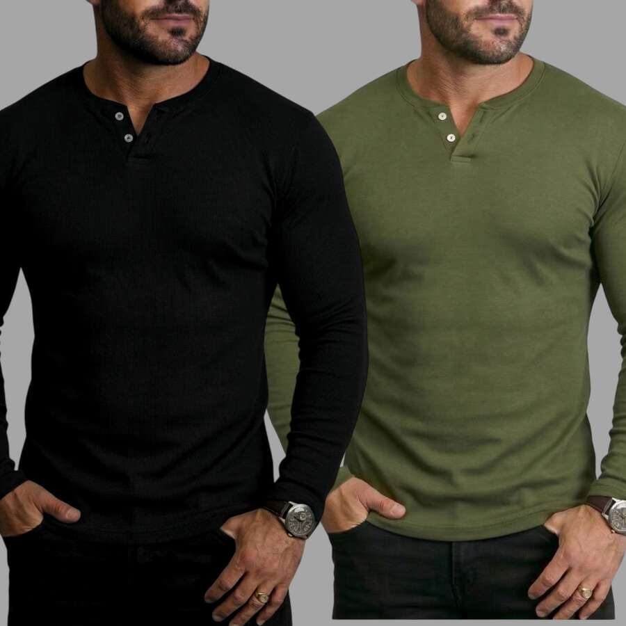 Black And Green - Kit 2 Men's Henley T-Shirt Long Sleeve Top Men's 2 Buttons Slim Fit Ribbed J Silver - Negro y verde - Ver 1