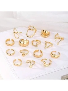 Set de 15 piezas de anillos metálicos geométricos asimétricos gruesos y de moda surtidos para mujeres, adecuados para combinar a diario - Dorado - Ver 5