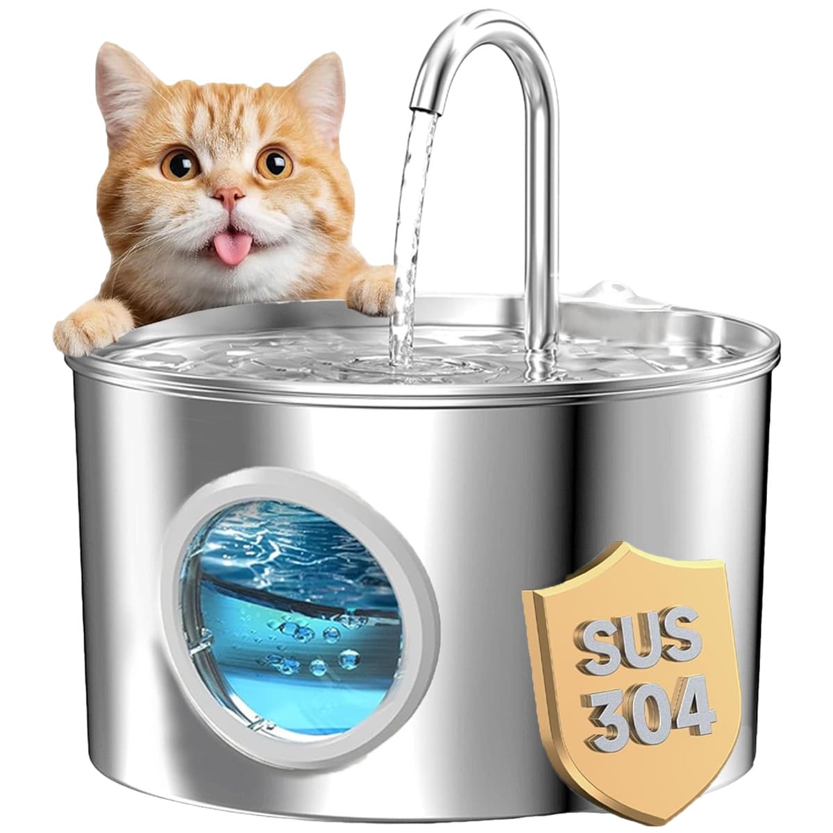 1pc Cat Water Fountain, Stainless Steel Pet Waterer, 2.2L/74.40oz/0.58gal Capacity, Round With Viewing Window, Quiet Water Bowl Dispenser, Filters Water, 360° Circulating Flowing Water, Suitable For Kittens And Puppies Daily Drinking - 2.2L - View 1