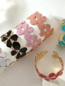 VceTd 1件装时尚甜美度假风花朵手镯，多色珐琅花卉开口手镯，金属宽开口手镯，适合女性日常通勤或度假佩戴，情人节浪漫礼物，时尚配饰 - 金黃色 - 查看 1