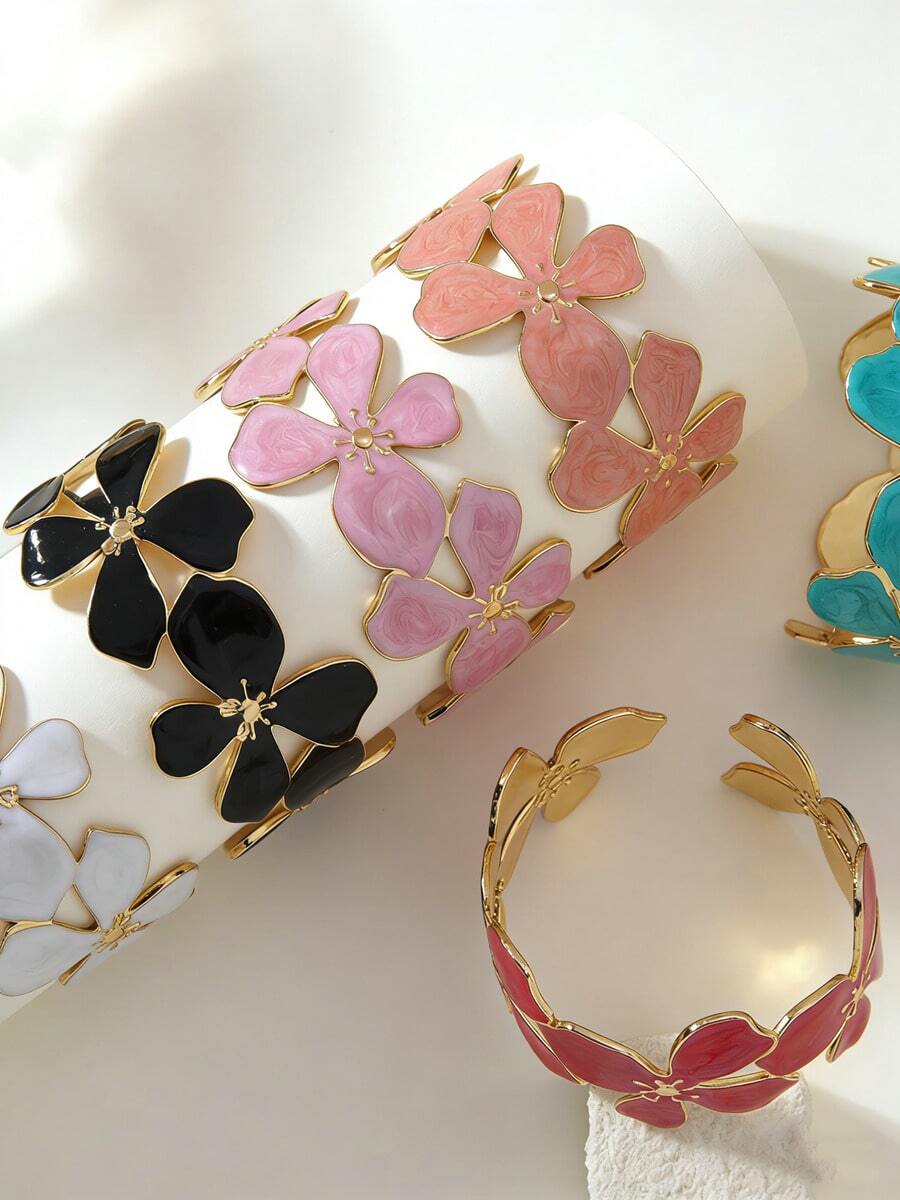 VceTd 1件装时尚甜美度假风花朵手镯,多色珐琅花卉开口手镯,金属宽开口手镯,适合女性日常通勤或度假佩戴,情人节浪漫礼物,时尚配饰 - 金黃色 - 查看 1