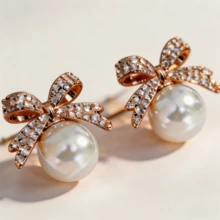 1pair Bowknot-Shaped Faux Pearl & Rhinestone Inlaid Earrings With Elegant And Sophisticated Design Valentines - 金色 - 查看 1