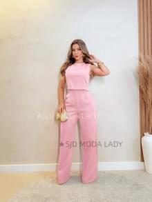 SJD MODA LADY Solid Tailored Set, Casual, Sleeveless Top And Palazzo Pants - 淺粉色 - 查看 5