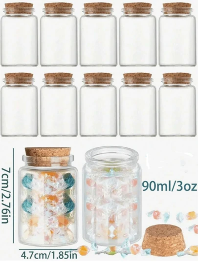 8pcs 47mm Diameter Transparent Glass Bottles With Soft Cork Lids, Transparent Jars With Soft Cork Stoppers, Suitable For Sample Packaging, Item Storage, Holiday Decoration, Small Item Storage Containers