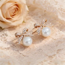 1pair Bowknot-Shaped Faux Pearl & Rhinestone Inlaid Earrings With Elegant And Sophisticated Design Valentines - 金色 - 查看 9