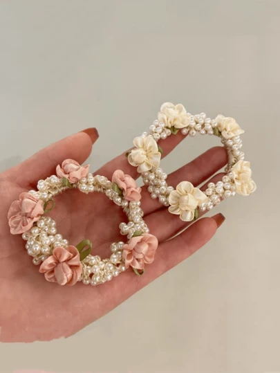 Handmade Pearl Fabric Flower Hair Scrunchies, Soft & Comfortable, Non-Damaging, Feminine, Suitable For Work, Afternoon Tea, Gatherings With Friends, Light Formal Occasions, Spring/Summer