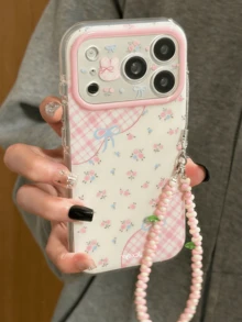 Funda de teléfono con estampado floral, lazo y cuadros, compatible con iPhone 17 Pro Max, 17 Pro, 17, 16 Pro Max, 16 Pro, 16, 15 Pro Max, 15 Pro, con correa de muñeca anti-pérdida, funda suave - Estampado floral a cuadros - Ver 3