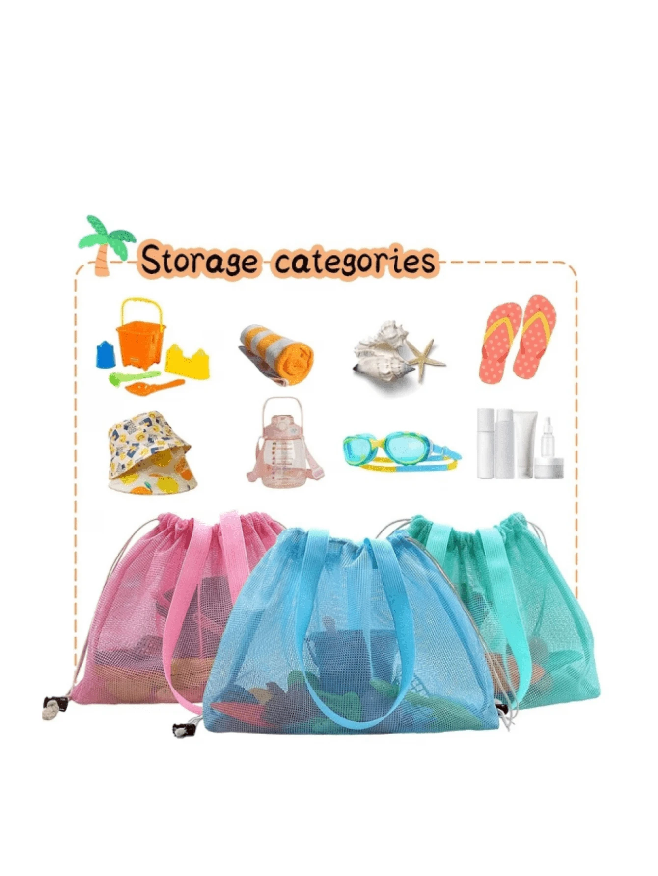 2 túi lưới có dây rút, dùng để đựng đồ chơi bãi biển, túi đựng đồ giặt có thể mở rộng. - Nhiều màu - Xem 1