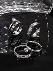 Set de 4 anillos de mujer elegantes y de moda con elementos de zirconia con letras romanas cortadas, de acero inoxidable con diamante de imitación, adecuados para uso diario, festivales, citas, compromisos, bodas y regalos - Plata 1 - Ver 6