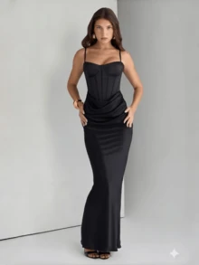 女士优雅黑色派对连衣裙，无袖，褶皱针织面料，长款铅笔裙，中等弹力，正式场合穿着 - 黑色 - 查看 1