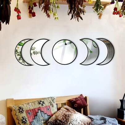 5pcs Moon Phase Mirror Set In Black/Beige - Modern Scandinavian Style, Acrylic & Faux Wood Crescent Wall Decor For Living Room, Bedroom - Chic Bohemian Non-Real Mirrors, Ideal For Home & Garden Houses, Mirror Wall Decor