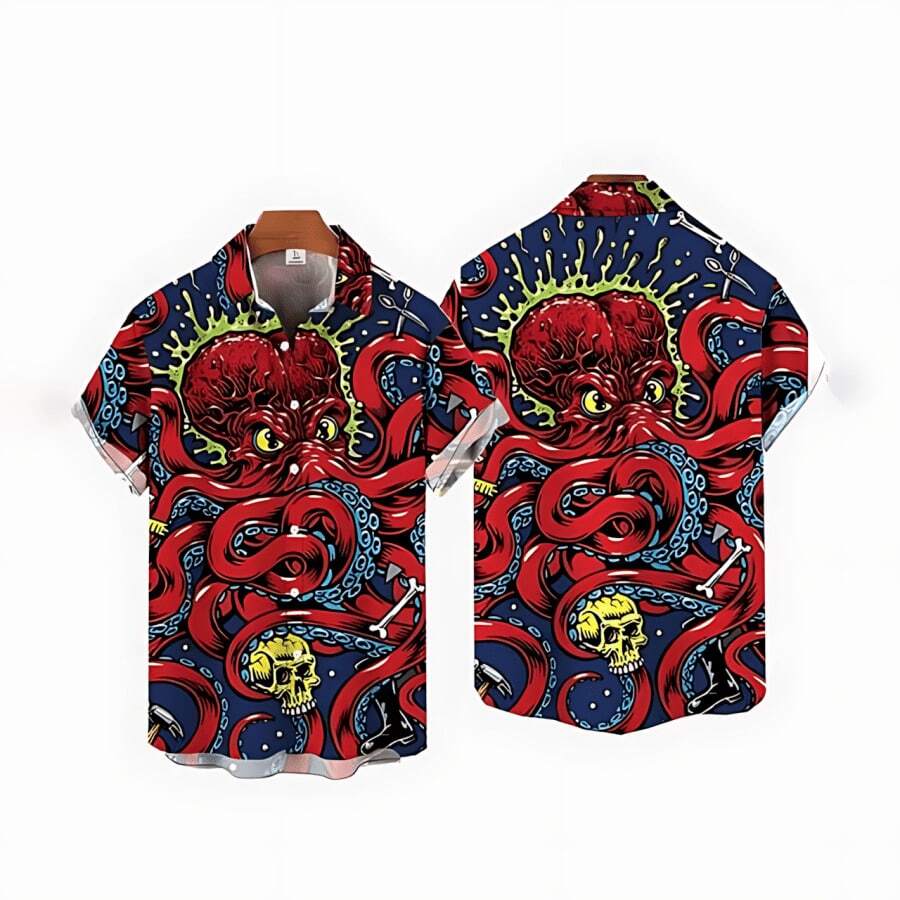 Giant Sea Monster Attacking Pirate  In Stormy Ocean Symbolizes Fearless Adventure And Human Courage 3D Print Men's Short Sleeve Hawaiian Casual Shirt - A508D-AL23983 - 查看 1