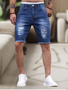 Men's Slim Fit Ripped Denim Shorts, Destroyed Style, Premium Fashion Line, Original Factory Outlet. Colors: Dark Black, Medium Black, Light Black, White, Beige, Yellow, Red - 深色水洗藍 - 查看 1