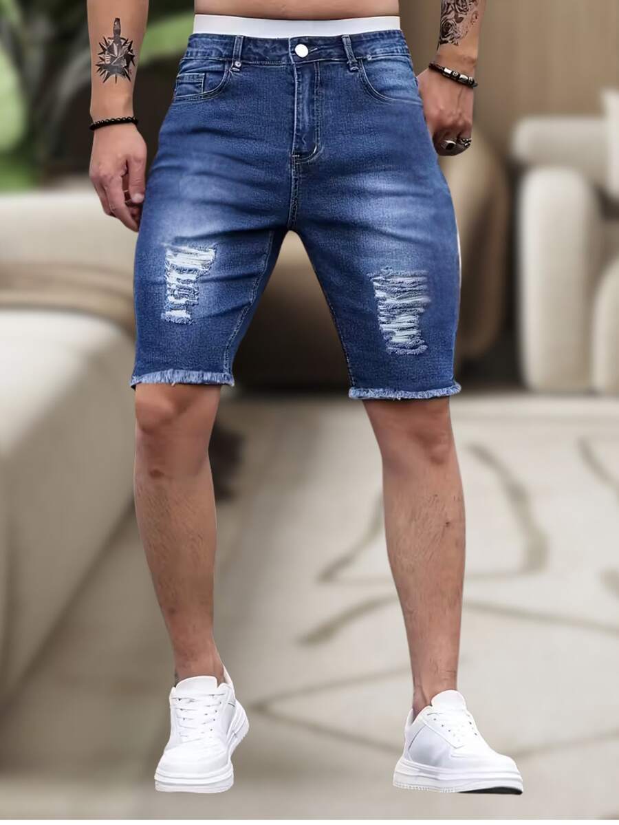 Men's Slim Fit Ripped Denim Shorts, Destroyed Style, Premium Fashion Line, Original Factory Outlet. Colors: Dark Black, Medium Black, Light Black, White, Beige, Yellow, Red - 深色水洗藍 - 查看 1