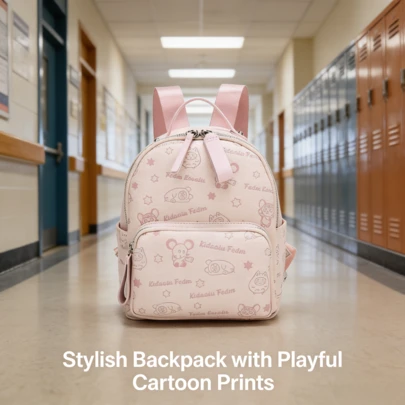 1pc Women's Fashion Backpack, Pink Cartoon Print, Durable Multi-Layer Daypack, Zipper Closure, Suitable For Daily Commute, Leisure, Travel, Anniversary Gift