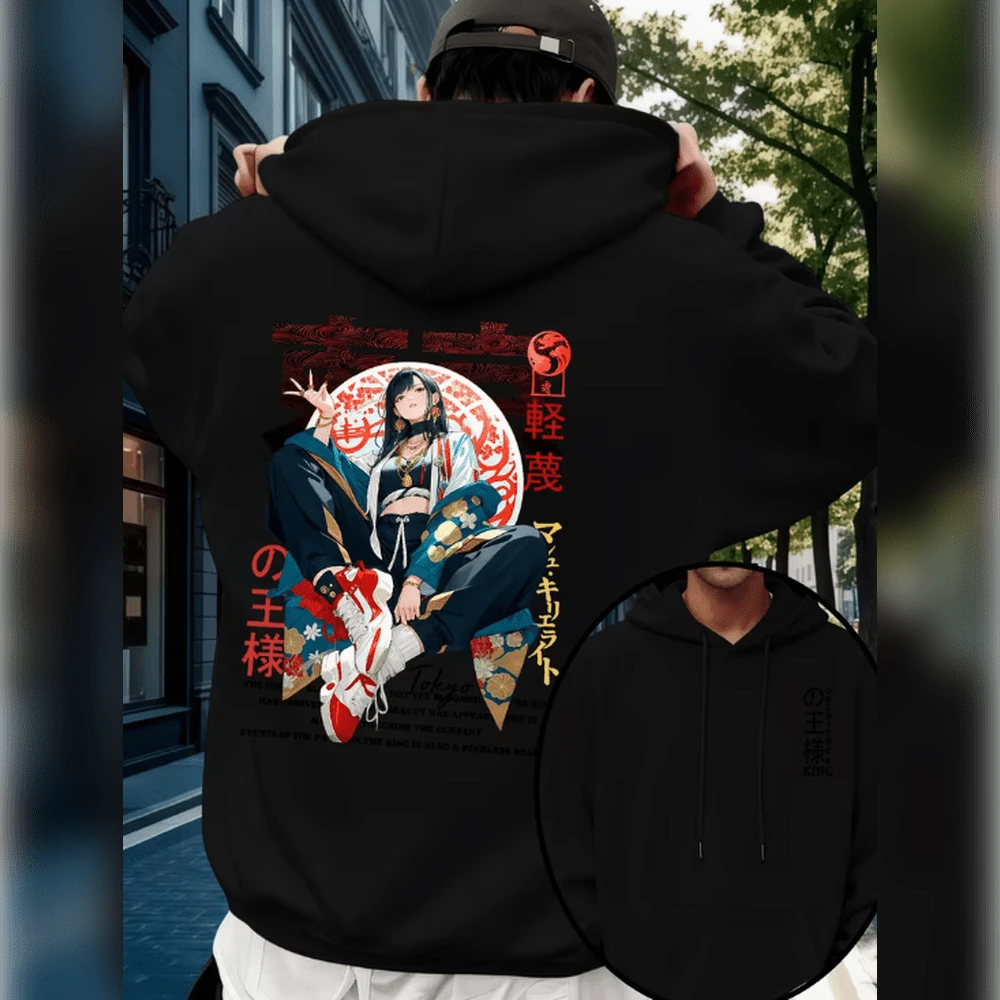 Men's New Casual Hoodie With Drawstring, THE KING Anime Print REF-5220 - màu đen - Xem 1