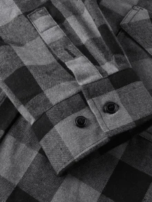 Men's Contrast Hood Plaid Shirt Jacket, Long Sleeve Button Up Shacket For Street Style & Layering - 深灰色 - 查看 6