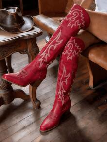 Summer Boots Riding Knee Thick Heels Embroidery Red Cowboy Boots For Women's Country Concert Combat Boots Cowgirl Outfits  Western Chic Festival Shoes - Đỏ - Xem 3